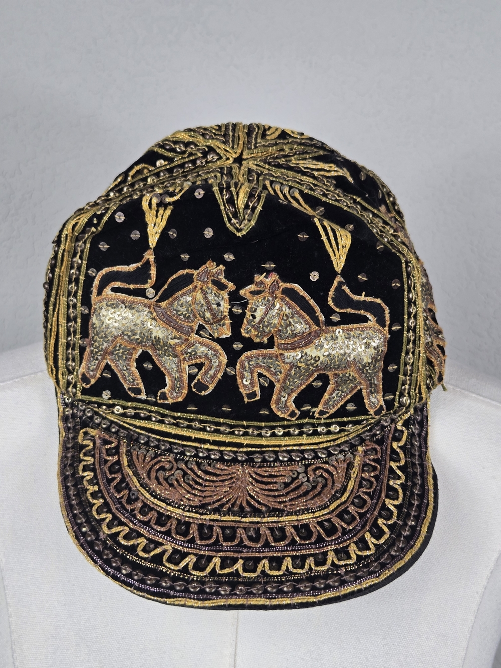 Vintage 80s Thai Velvet Embroidered Sequin Horse Equestrian Artisan Baseball Cap